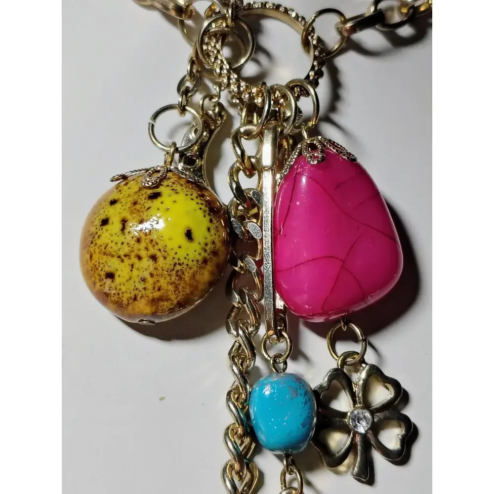 VCLM Gold Tone Charm Necklace Elephant Clover Horseshoe Boho Statement